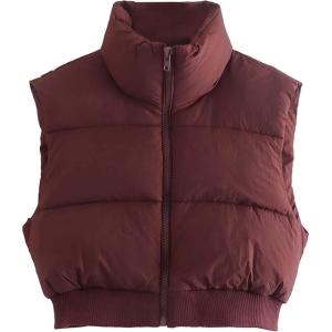 UANEO Cropped Puffer Vest Women Zip Up Stand Collar Sleeveless Padded Crop Puffy Vests(Burgundy)