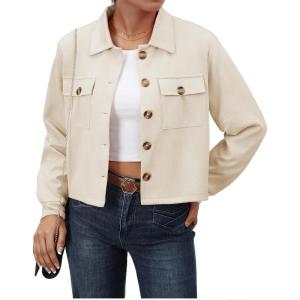Waist Wow Women’s Faux Suede Cropped Jacket Casual Button Down Fall Shacket Jackets Long Sleeve Outerwear Coats(Light Beige)