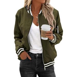 Zeagoo Women’s Bomber Jacket Casual Coat Zip Up Spring Fall Clothes with Pockets S-XXL(Army Green Stripes)