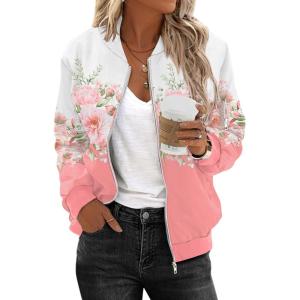Zeagoo Women’s Bomber Jacket Casual Coat Zip Up Spring Fall Clothes with Pockets S-XXL(Pink Print)