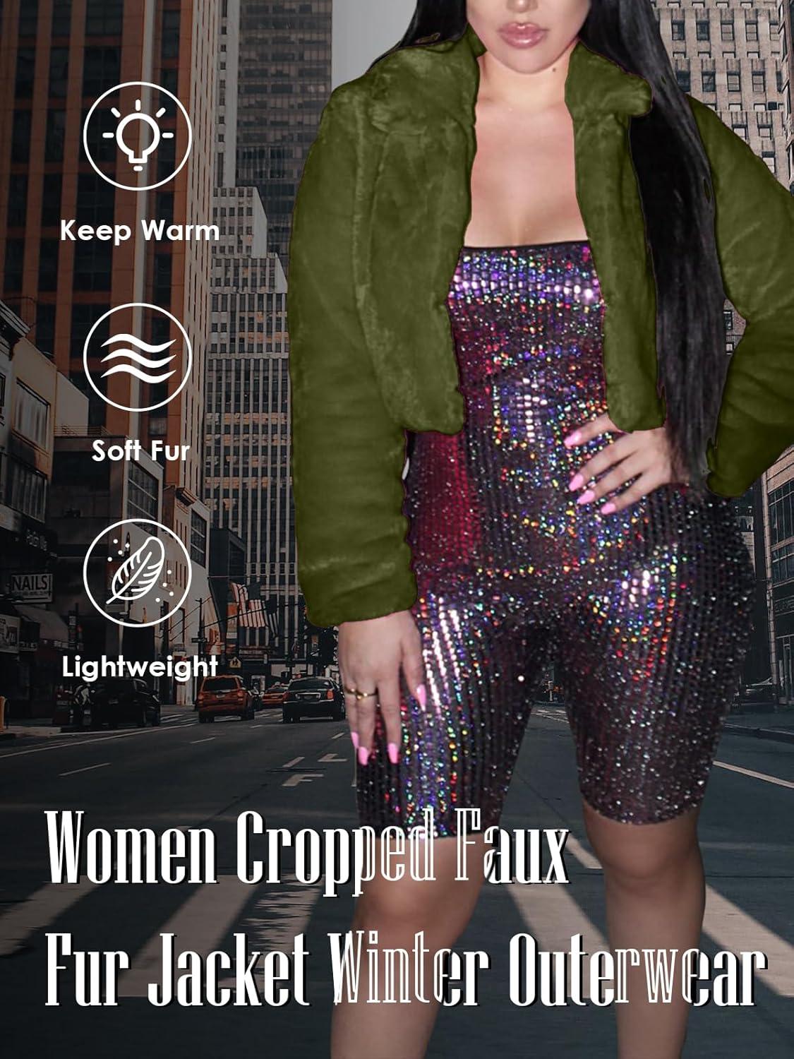 imageRAMOUG Womens Winter Outerwear Faux Fur Long Sleeve Crop Jacket Shaggy Coat Open Front CardigansArmy Green