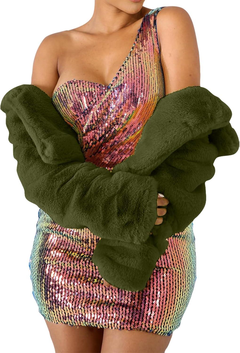 imageRAMOUG Womens Winter Outerwear Faux Fur Long Sleeve Crop Jacket Shaggy Coat Open Front CardigansArmy Green