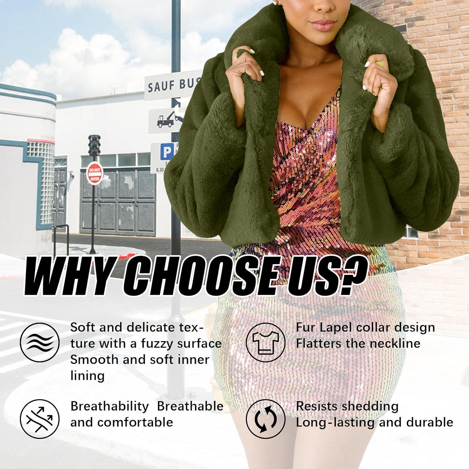 imageRAMOUG Womens Winter Outerwear Faux Fur Long Sleeve Crop Jacket Shaggy Coat Open Front CardigansArmy Green