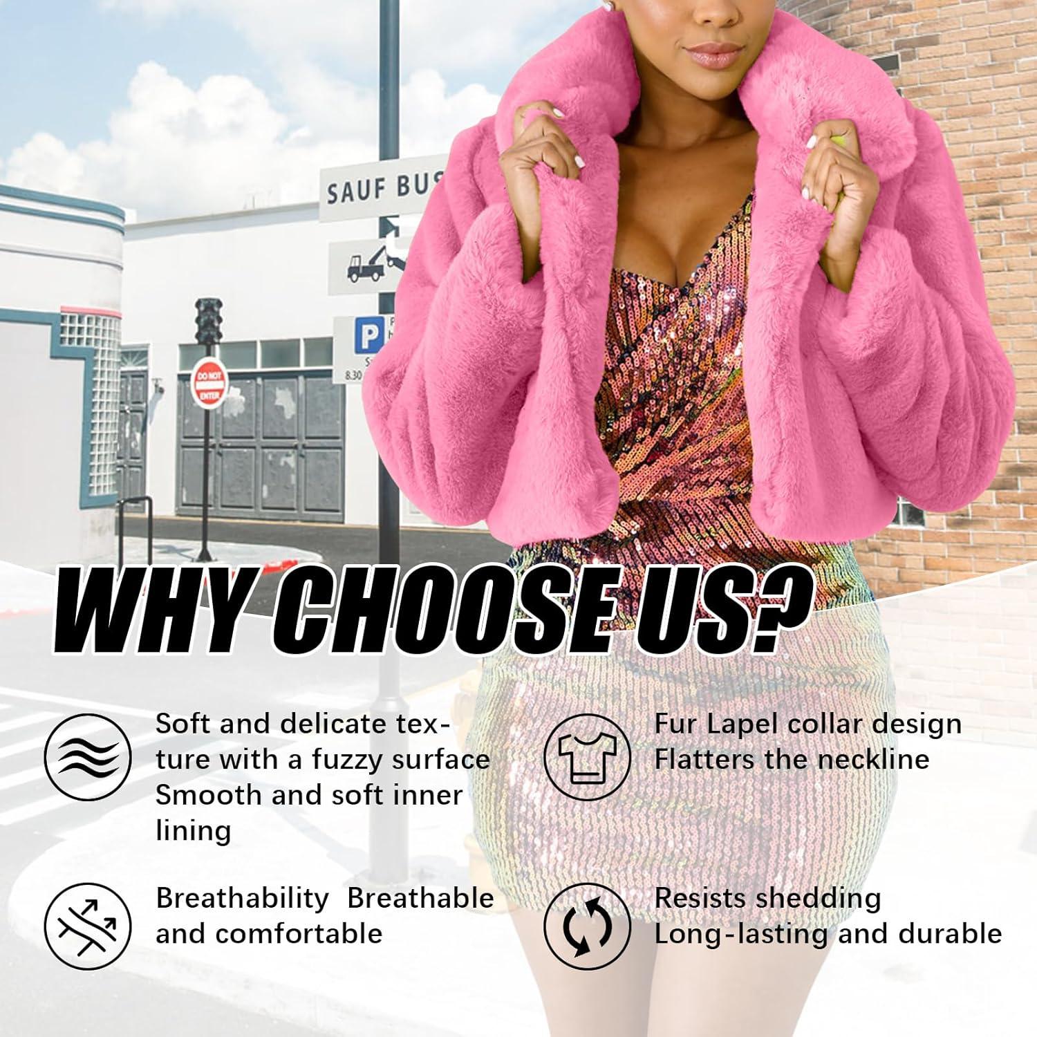 imageRAMOUG Womens Winter Outerwear Faux Fur Long Sleeve Crop Jacket Shaggy Coat Open Front CardigansLight Pink