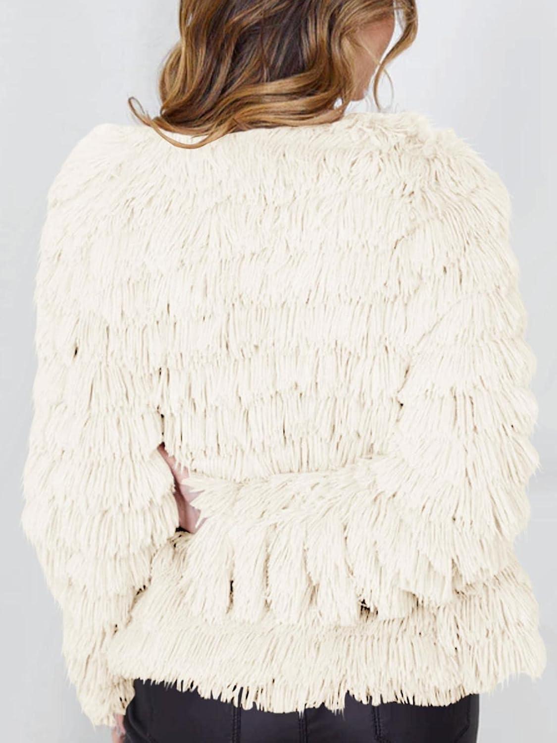 imageWomens Open Front Faux Fur Cardigan Vintage Parka Shaggy Jacket CoatBeige