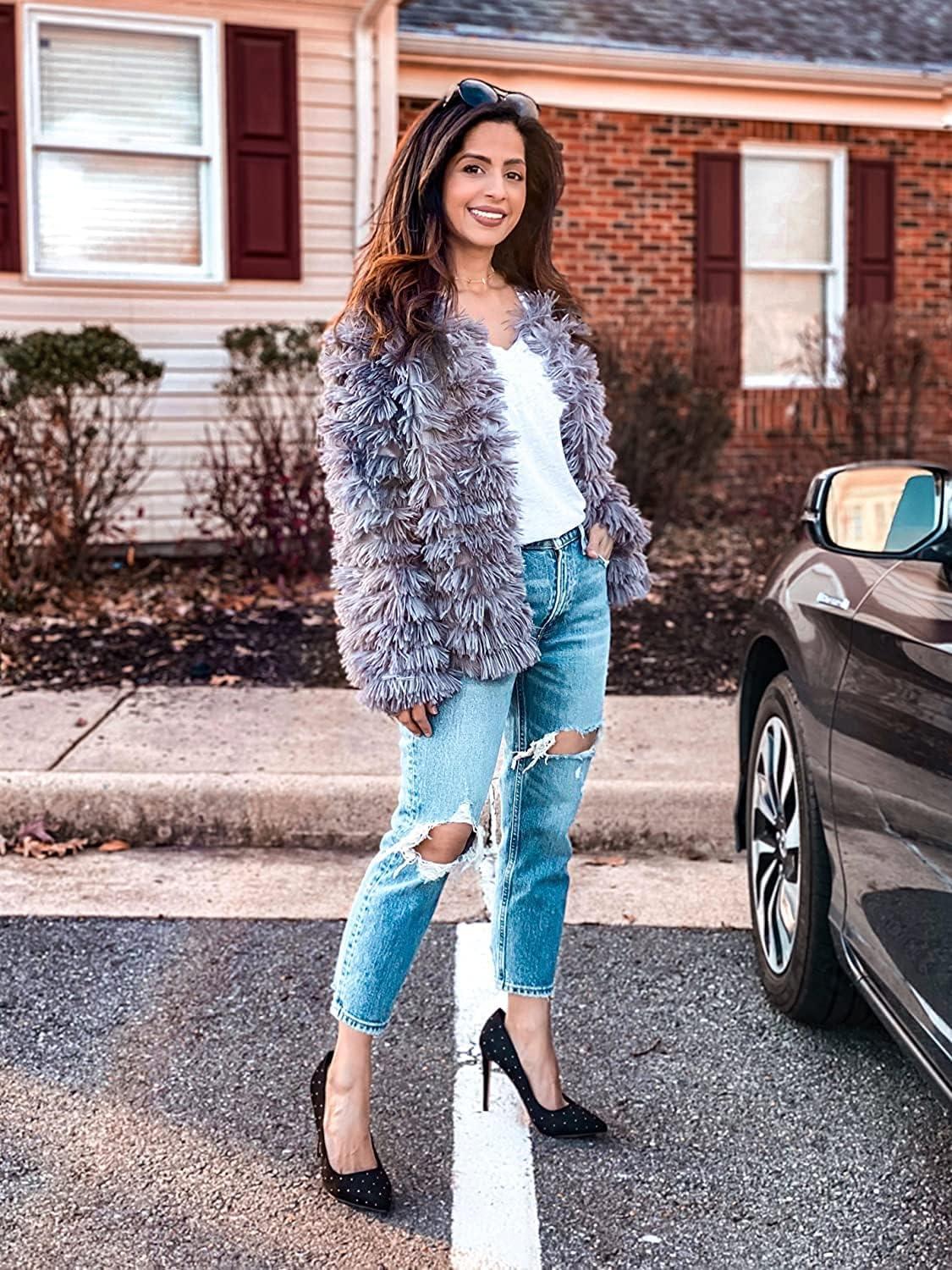 imageWomens Open Front Faux Fur Cardigan Vintage Parka Shaggy Jacket CoatGrey