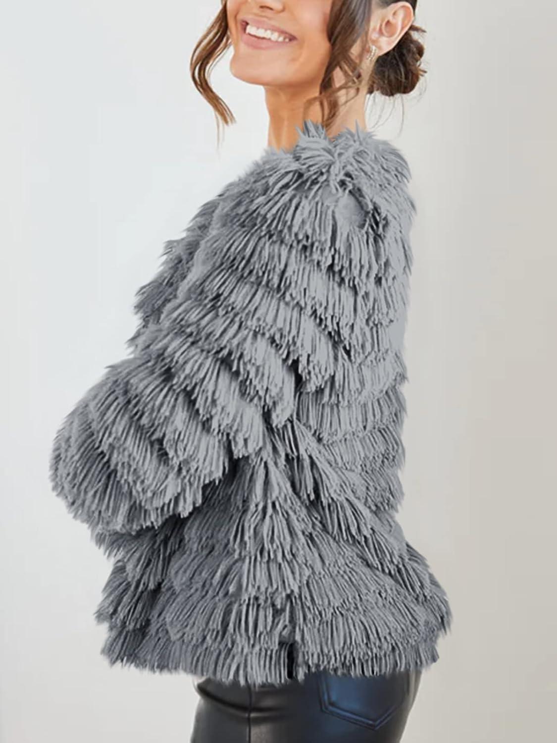 imageWomens Open Front Faux Fur Cardigan Vintage Parka Shaggy Jacket CoatGrey