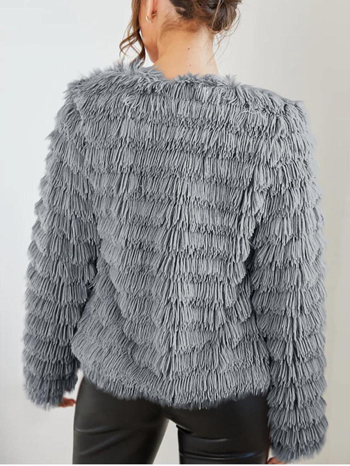 imageWomens Open Front Faux Fur Cardigan Vintage Parka Shaggy Jacket CoatGrey