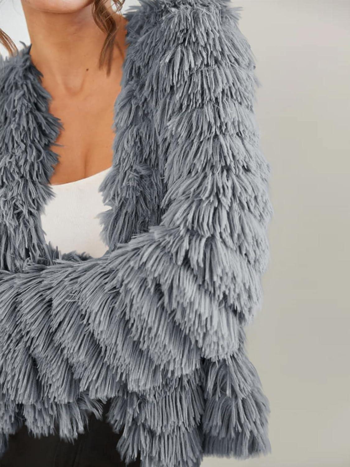 imageWomens Open Front Faux Fur Cardigan Vintage Parka Shaggy Jacket CoatGrey