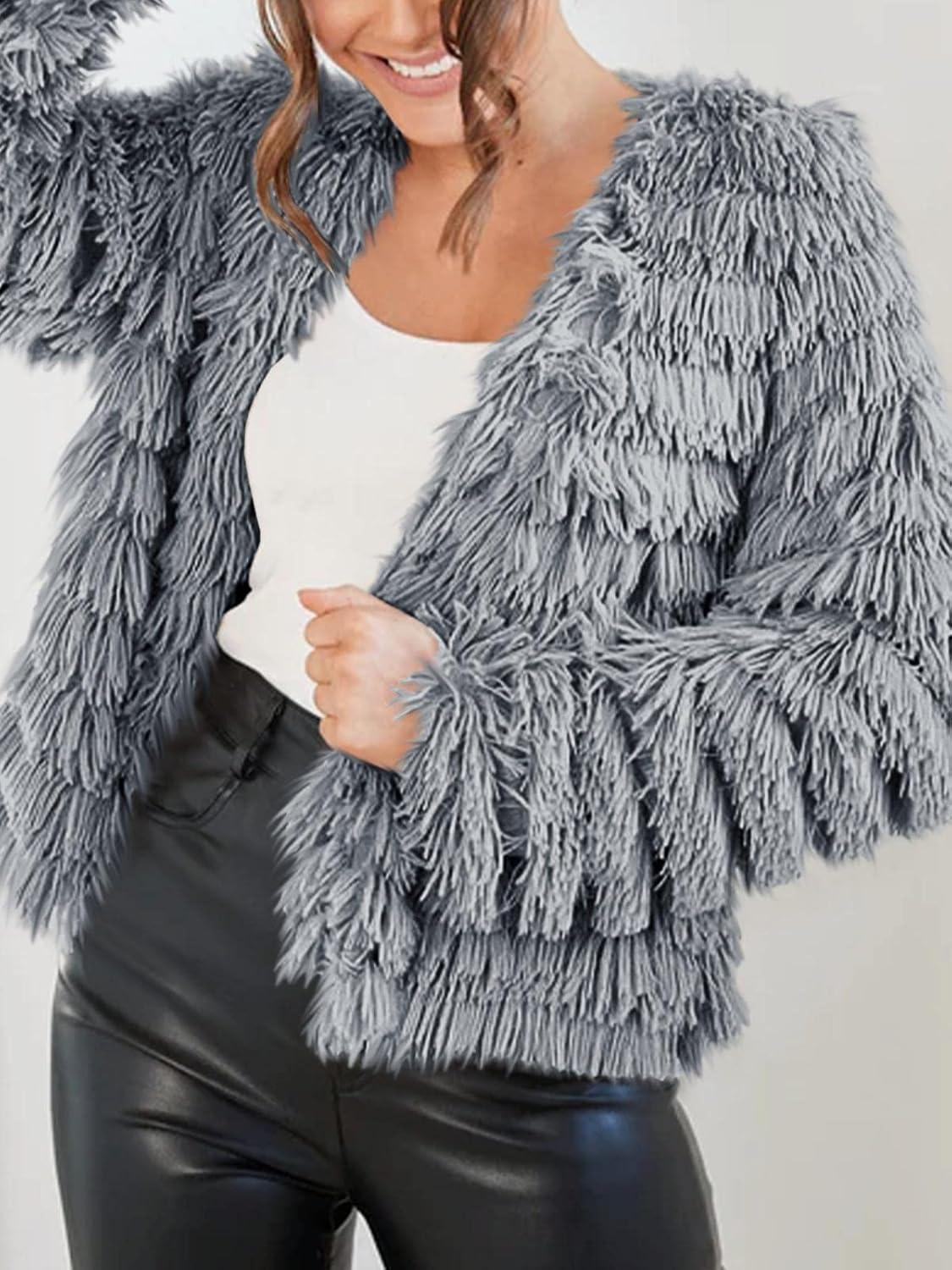 imageWomens Open Front Faux Fur Cardigan Vintage Parka Shaggy Jacket CoatGrey