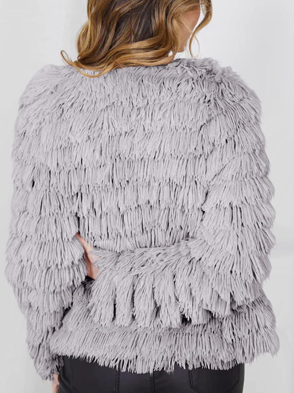 imageWomens Open Front Faux Fur Cardigan Vintage Parka Shaggy Jacket CoatLight Grey