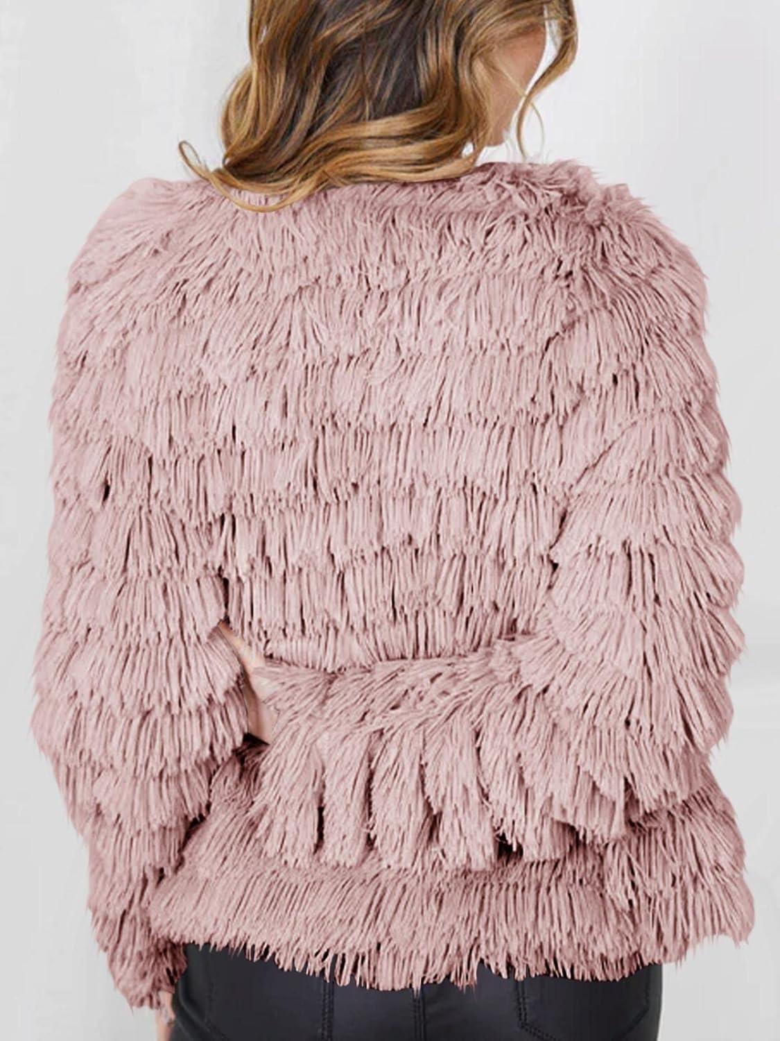 imageWomens Open Front Faux Fur Cardigan Vintage Parka Shaggy Jacket CoatPink