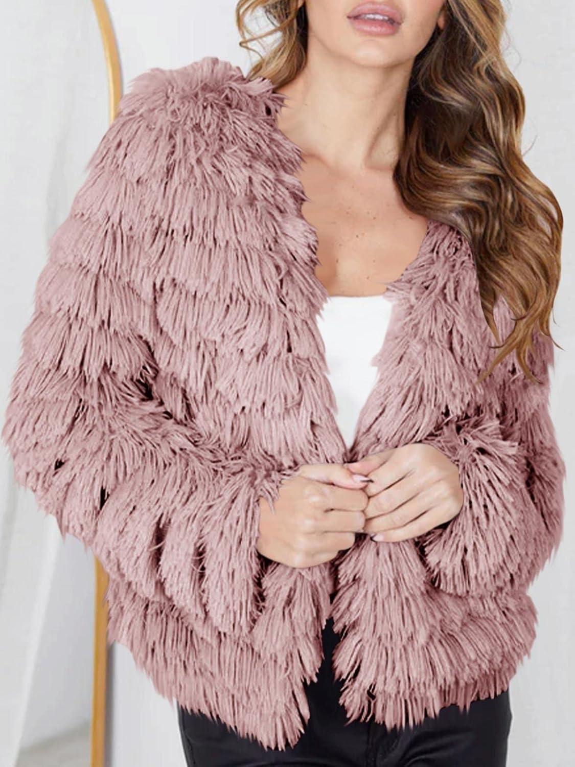 imageWomens Open Front Faux Fur Cardigan Vintage Parka Shaggy Jacket CoatPink