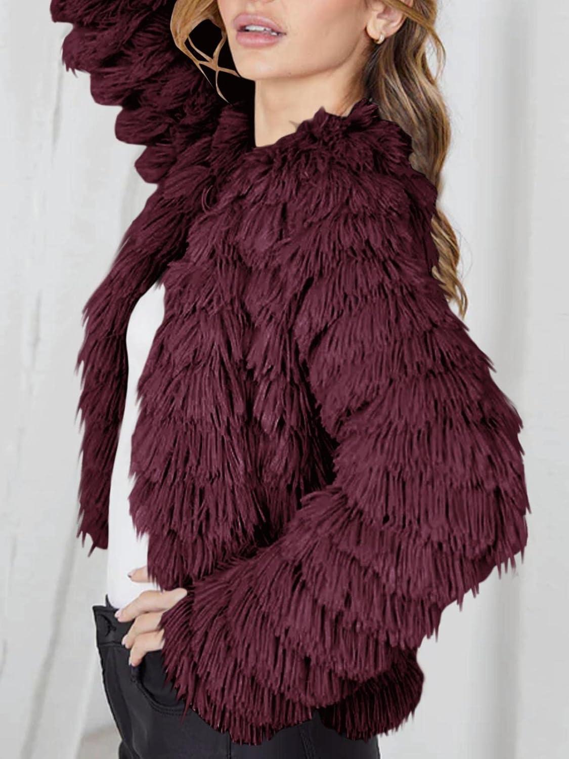 imageWomens Open Front Faux Fur Cardigan Vintage Parka Shaggy Jacket CoatWine Red