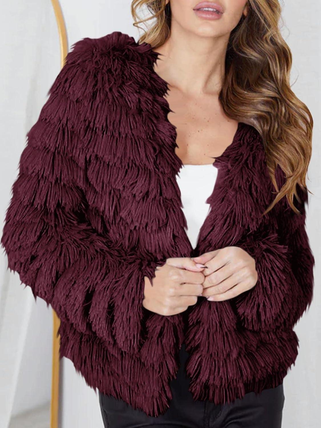 imageWomens Open Front Faux Fur Cardigan Vintage Parka Shaggy Jacket CoatWine Red
