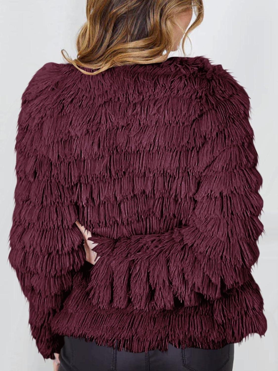 imageWomens Open Front Faux Fur Cardigan Vintage Parka Shaggy Jacket CoatWine Red