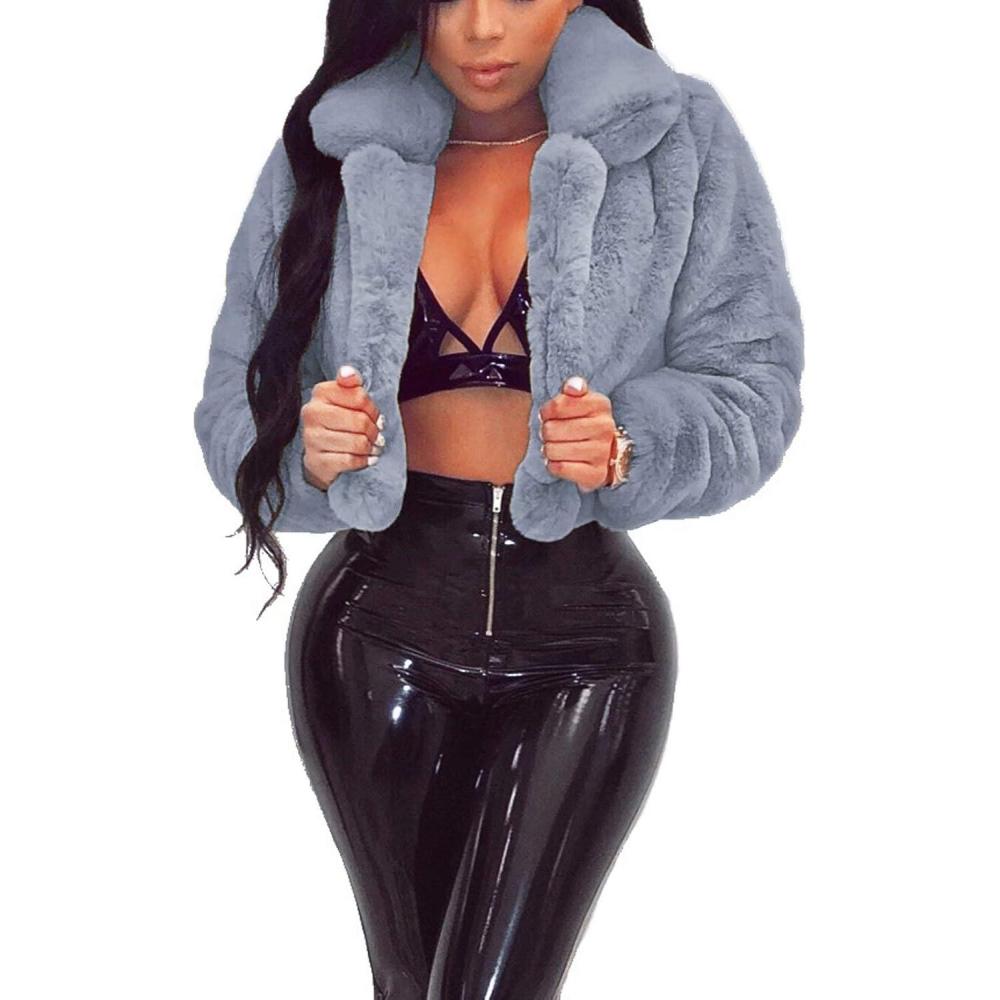 imageRAMOUG Womens Winter Outerwear Faux Fur Long Sleeve Crop Jacket Shaggy Coat Open Front CardigansBluish Grey