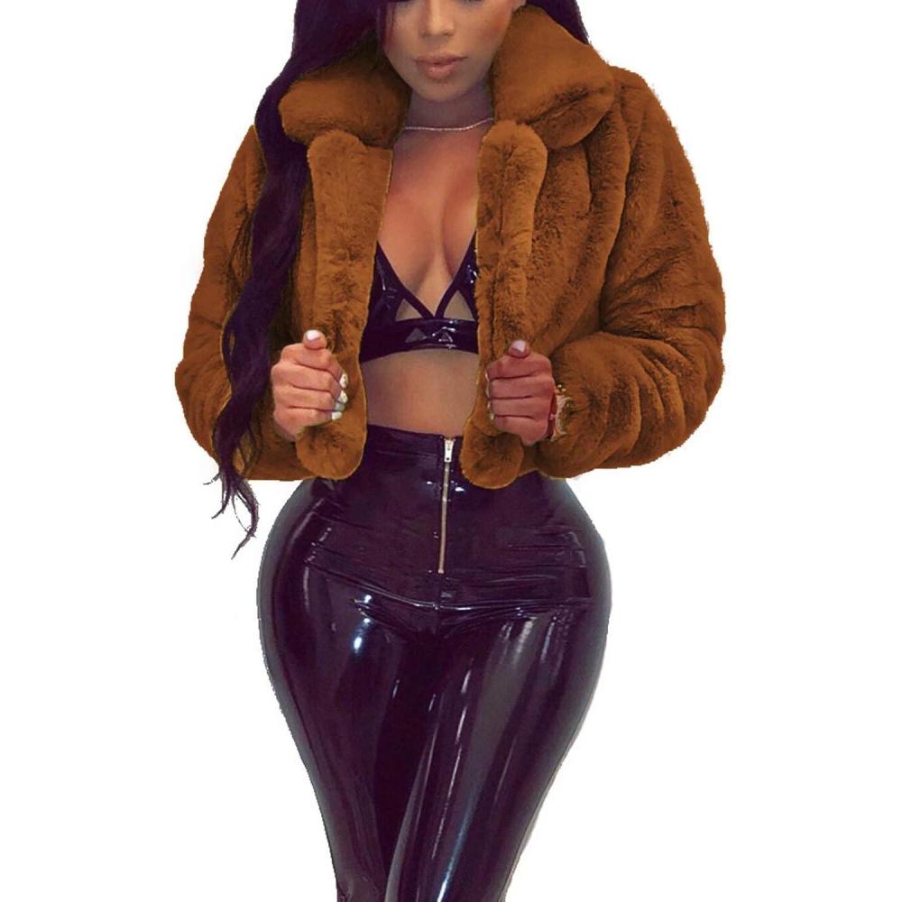 imageRAMOUG Womens Winter Outerwear Faux Fur Long Sleeve Crop Jacket Shaggy Coat Open Front CardigansYellowishbrown