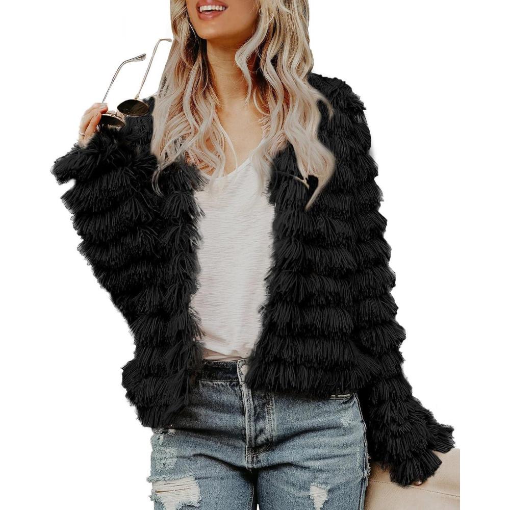 imageWomens Open Front Faux Fur Cardigan Vintage Parka Shaggy Jacket CoatBlack