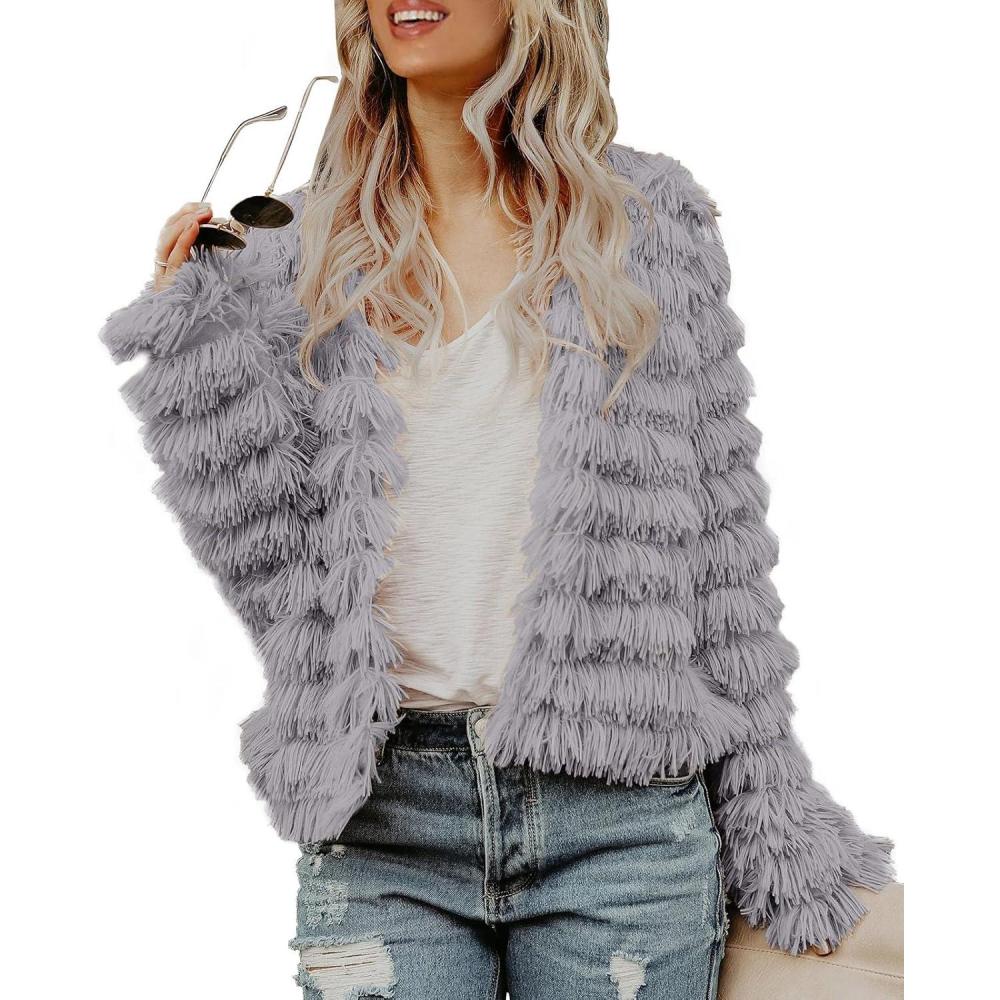 imageWomens Open Front Faux Fur Cardigan Vintage Parka Shaggy Jacket CoatLight Grey