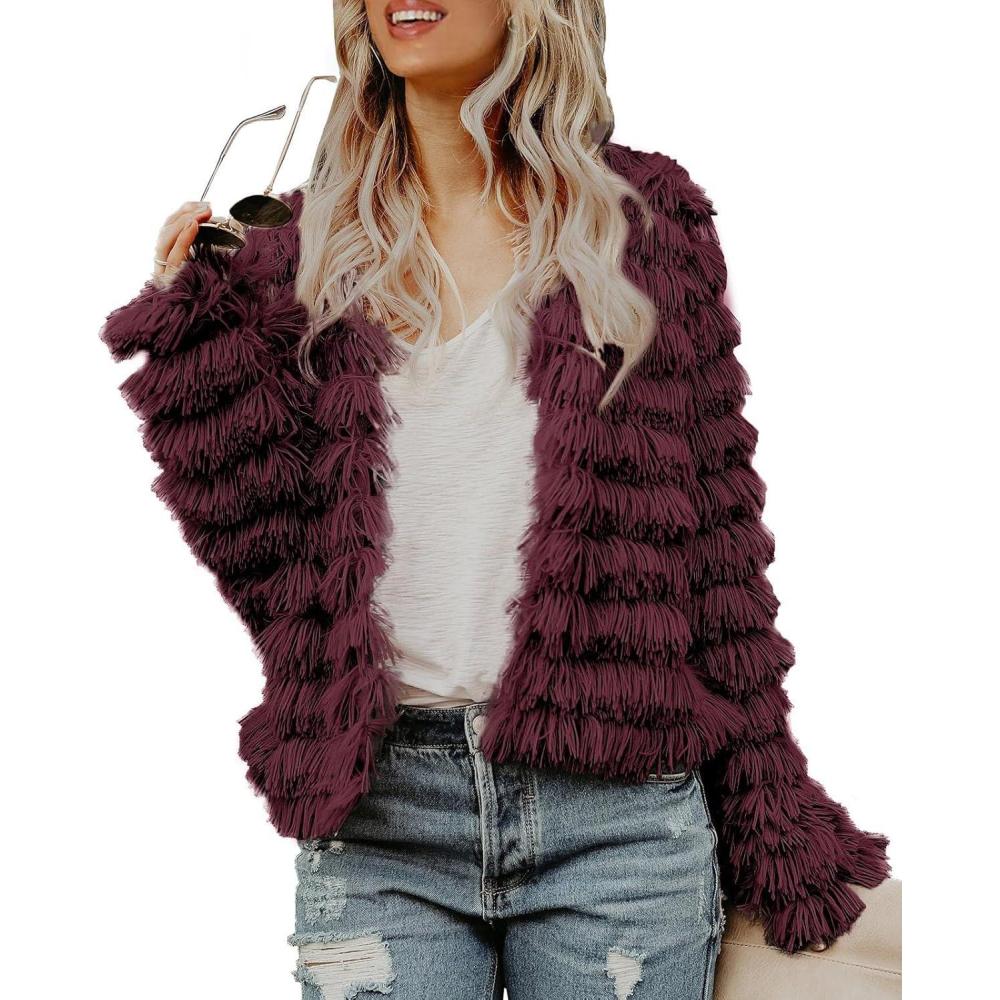 imageWomens Open Front Faux Fur Cardigan Vintage Parka Shaggy Jacket CoatWine Red