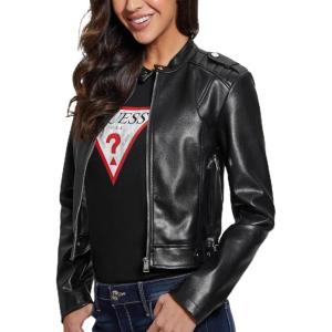GUESS womens Montecarla Faux Leather Fitted Jacket(Black)