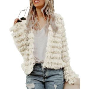 Womens Open Front Faux Fur Cardigan Vintage Parka Shaggy Jacket Coat(Beige)