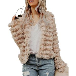 Womens Open Front Faux Fur Cardigan Vintage Parka Shaggy Jacket Coat(Coffee)