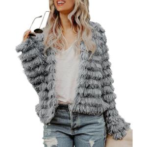 Womens Open Front Faux Fur Cardigan Vintage Parka Shaggy Jacket Coat(Grey)