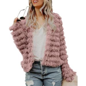 Womens Open Front Faux Fur Cardigan Vintage Parka Shaggy Jacket Coat(Pink)