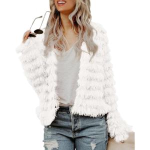 Womens Open Front Faux Fur Cardigan Vintage Parka Shaggy Jacket Coat(White)