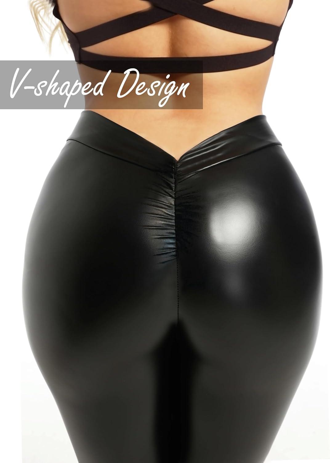 imageFaux Leather VBack Leggings for Women High Waisted Tummy Control Sexy Fashion Ruched Butt Stretch Pu Pleather TightsBlack