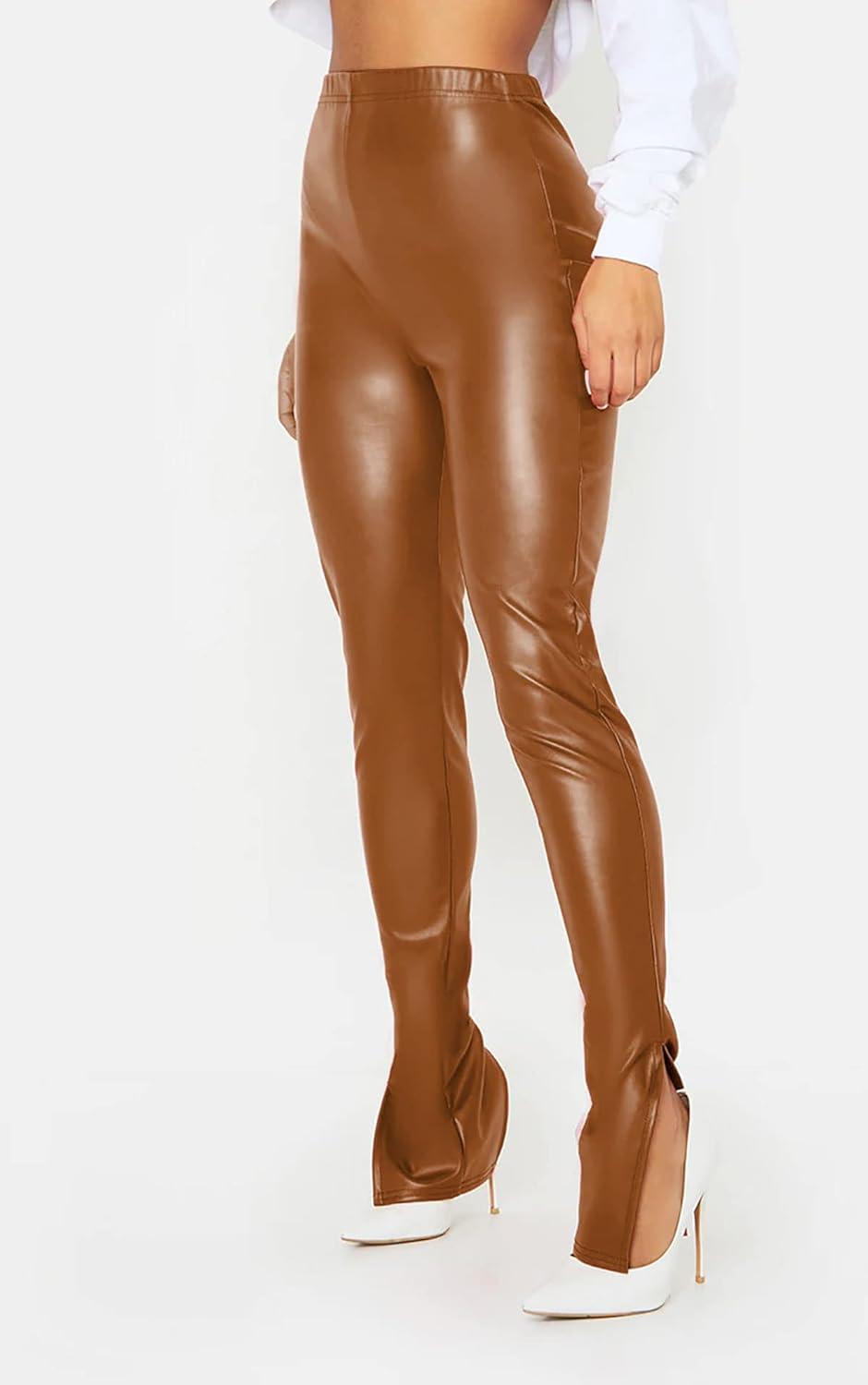 imageHLSIN Sexy Womens Faux Leather Side Split Skinny Leggings Pants StreetwearBrown