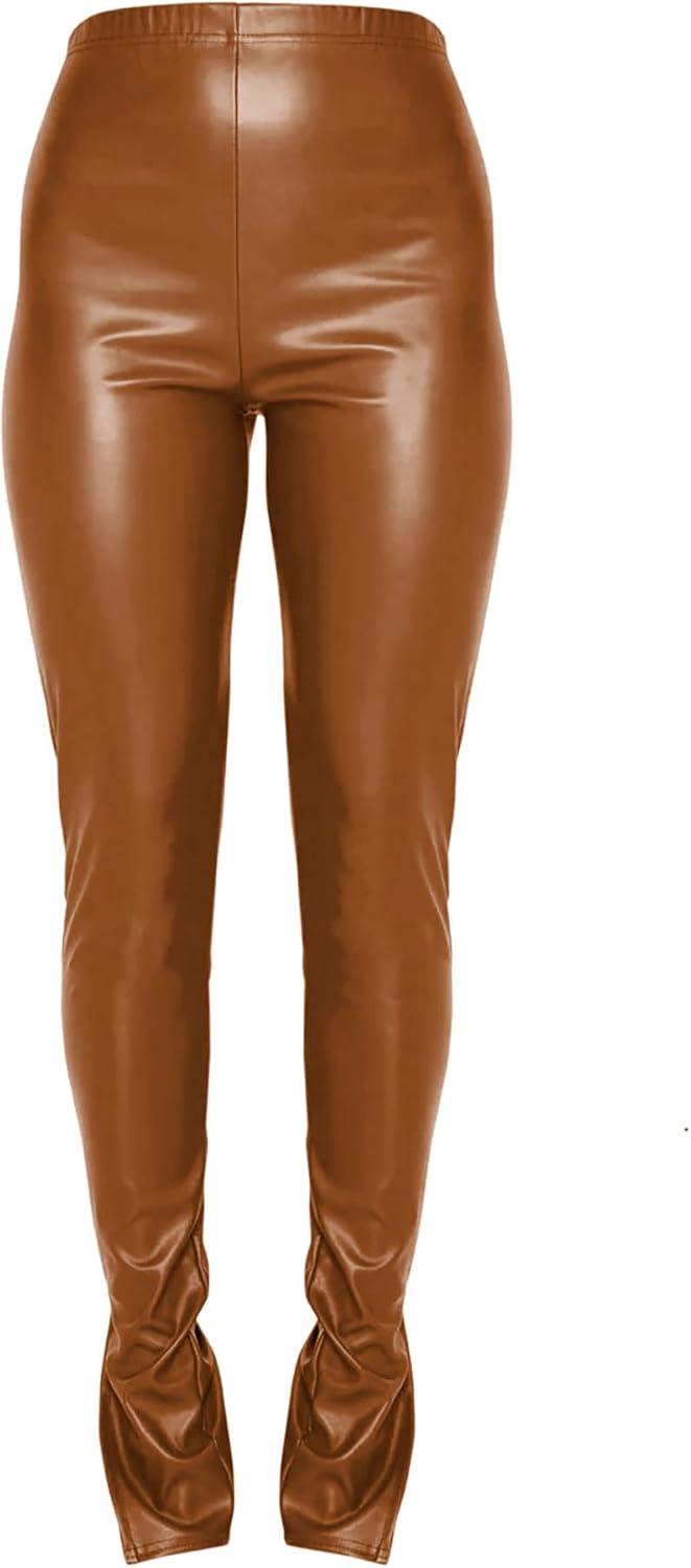 imageHLSIN Sexy Womens Faux Leather Side Split Skinny Leggings Pants StreetwearBrown