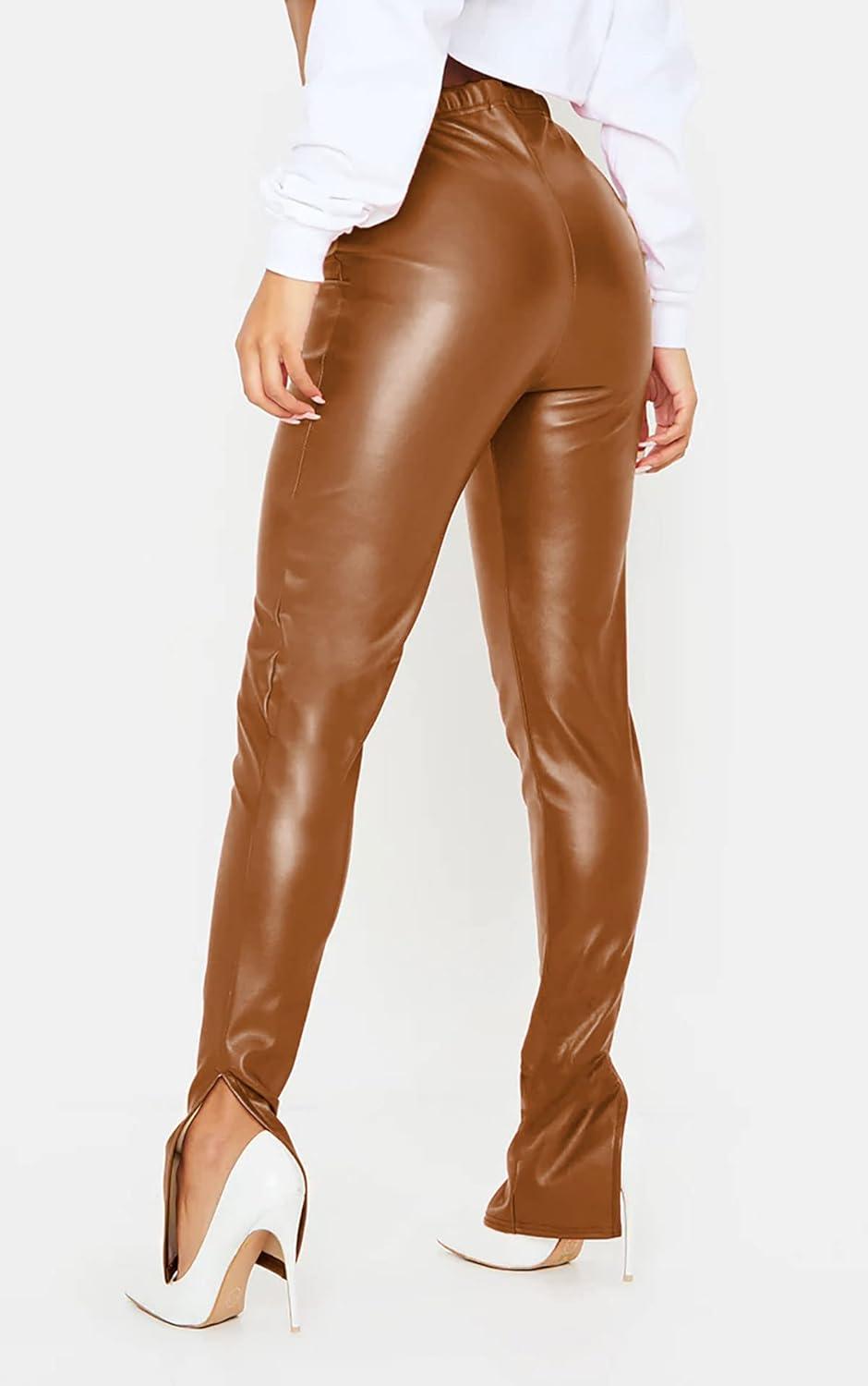 imageHLSIN Sexy Womens Faux Leather Side Split Skinny Leggings Pants StreetwearBrown