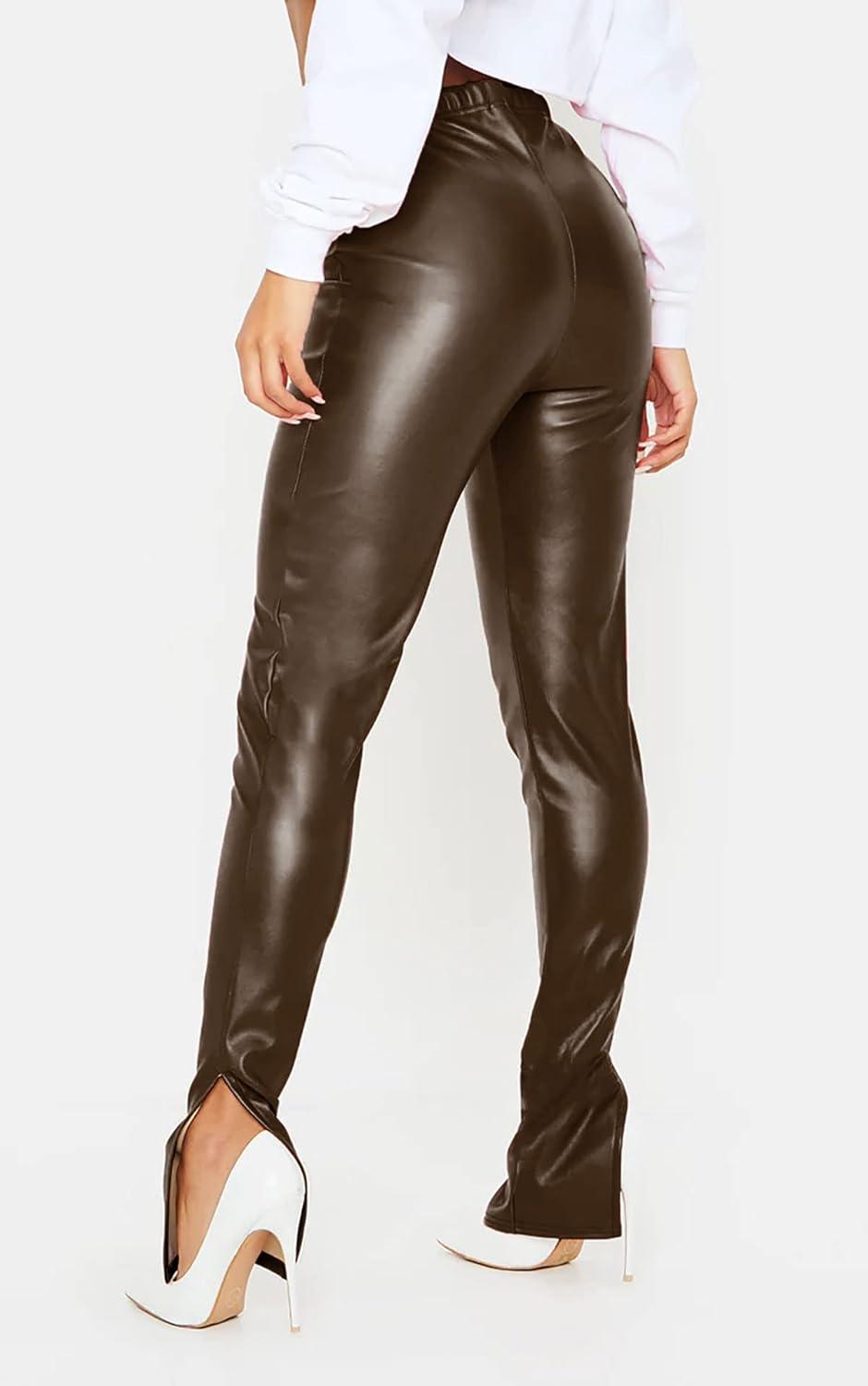 imageHLSIN Sexy Womens Faux Leather Side Split Skinny Leggings Pants StreetwearCoffee