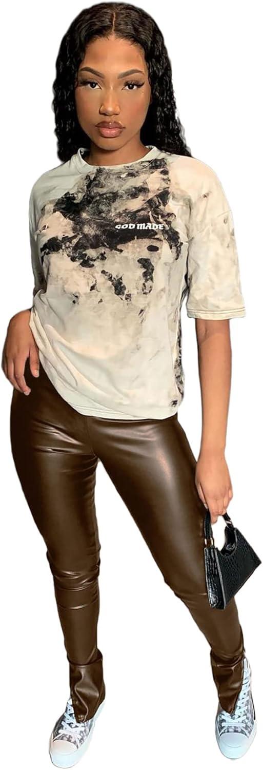 imageHLSIN Sexy Womens Faux Leather Side Split Skinny Leggings Pants StreetwearCoffee