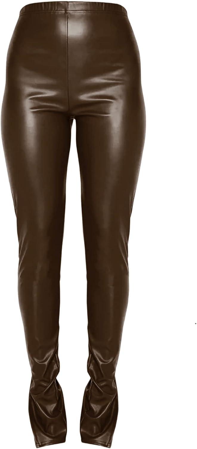 imageHLSIN Sexy Womens Faux Leather Side Split Skinny Leggings Pants StreetwearCoffee