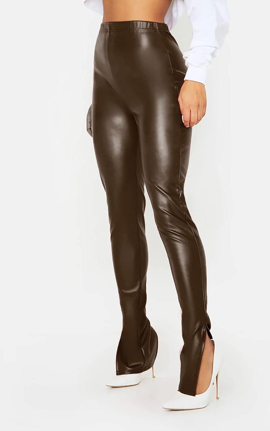 imageHLSIN Sexy Womens Faux Leather Side Split Skinny Leggings Pants StreetwearCoffee