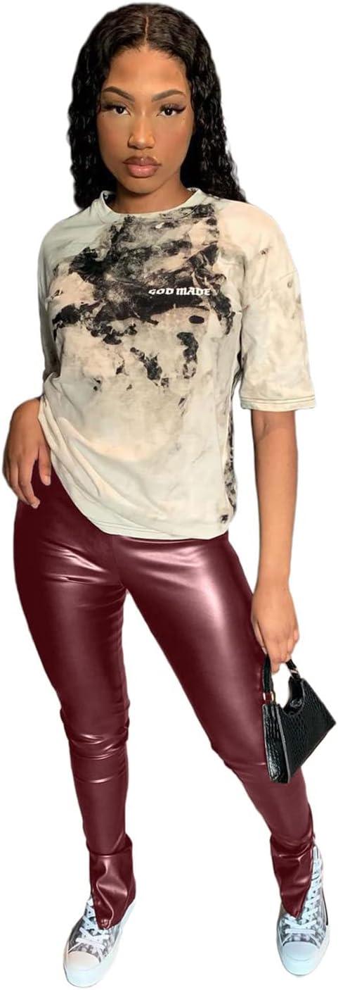 imageHLSIN Sexy Womens Faux Leather Side Split Skinny Leggings Pants StreetwearGrape