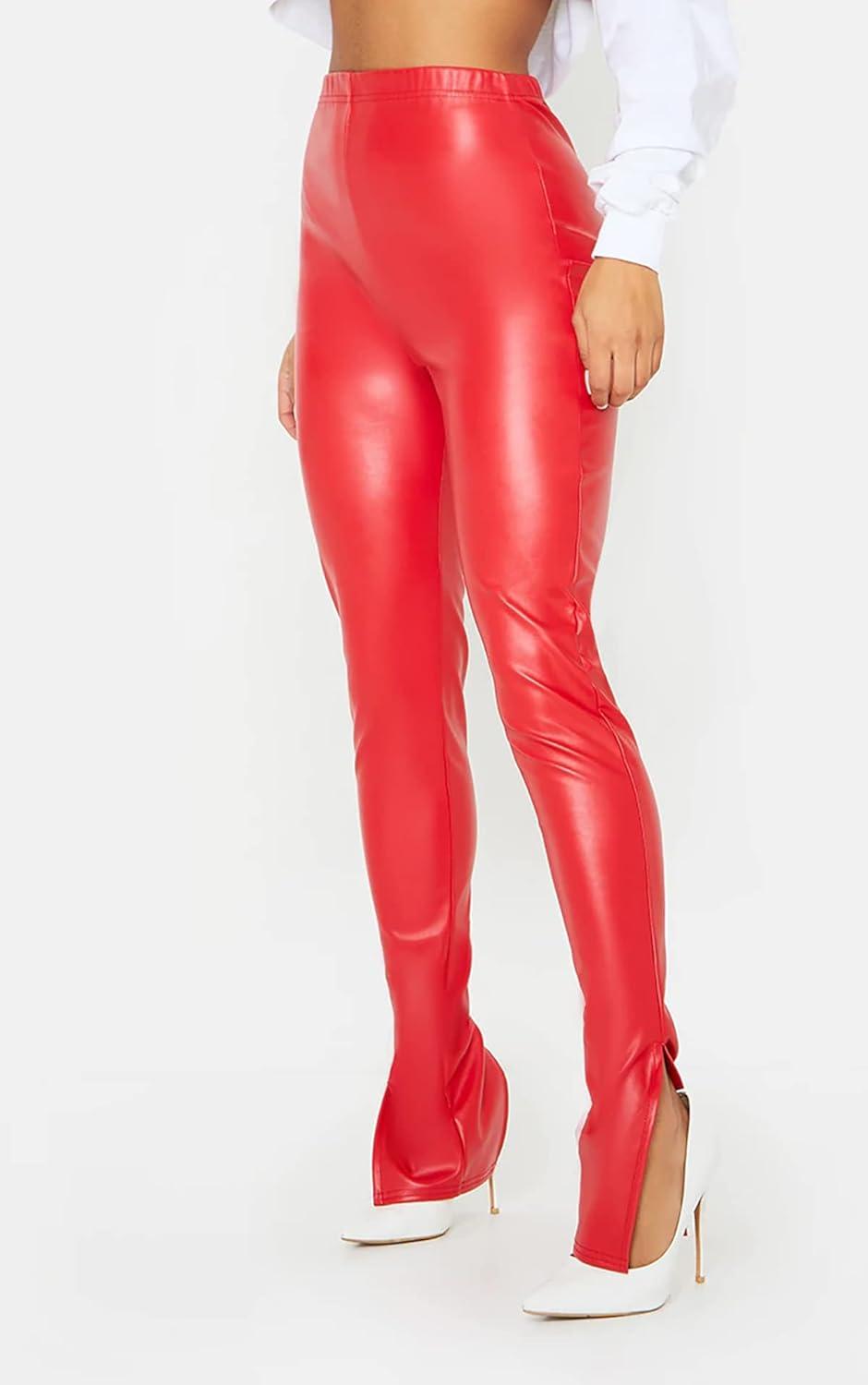 imageHLSIN Sexy Womens Faux Leather Side Split Skinny Leggings Pants StreetwearRed