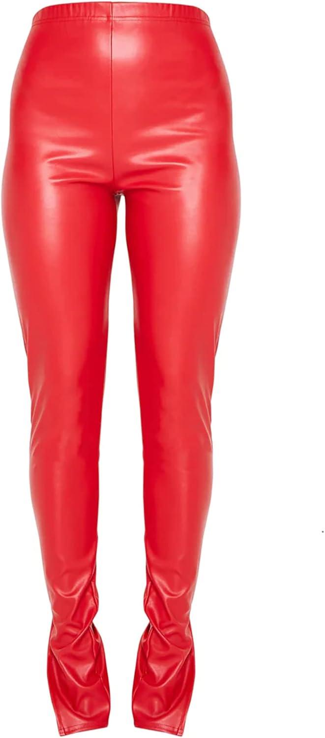 imageHLSIN Sexy Womens Faux Leather Side Split Skinny Leggings Pants StreetwearRed