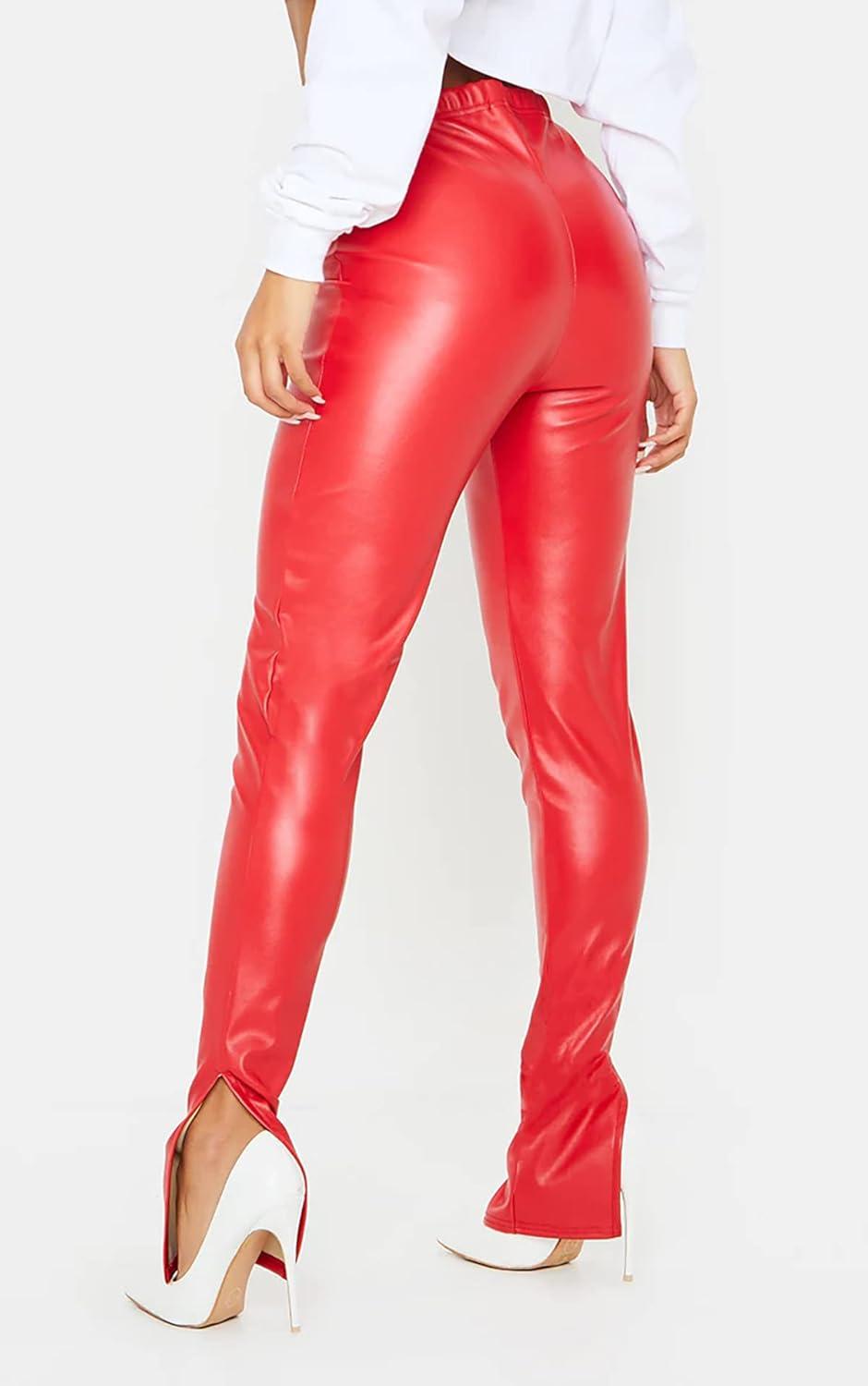 imageHLSIN Sexy Womens Faux Leather Side Split Skinny Leggings Pants StreetwearRed