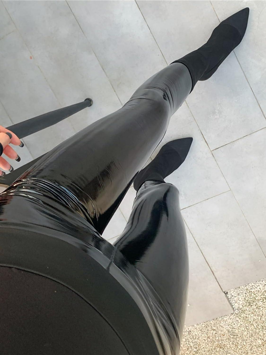 imageHularka Womens Patent Leather Shiny Skinny Pants Wet Look High Waist Leggings Clubwear TrouserBlack