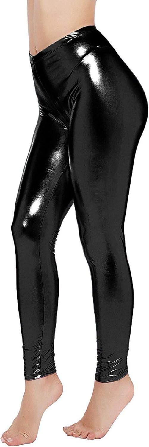imageLoxdonz Women Wet Look Shiny Metallic Leggings Liquid Waist Stretch PantsBlack