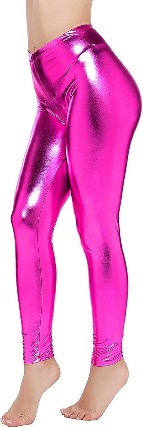 imageLoxdonz Women Wet Look Shiny Metallic Leggings Liquid Waist Stretch PantsCerise