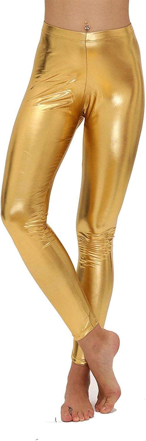 imageLoxdonz Women Wet Look Shiny Metallic Leggings Liquid Waist Stretch PantsGold