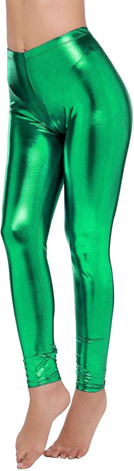 imageLoxdonz Women Wet Look Shiny Metallic Leggings Liquid Waist Stretch PantsGreen