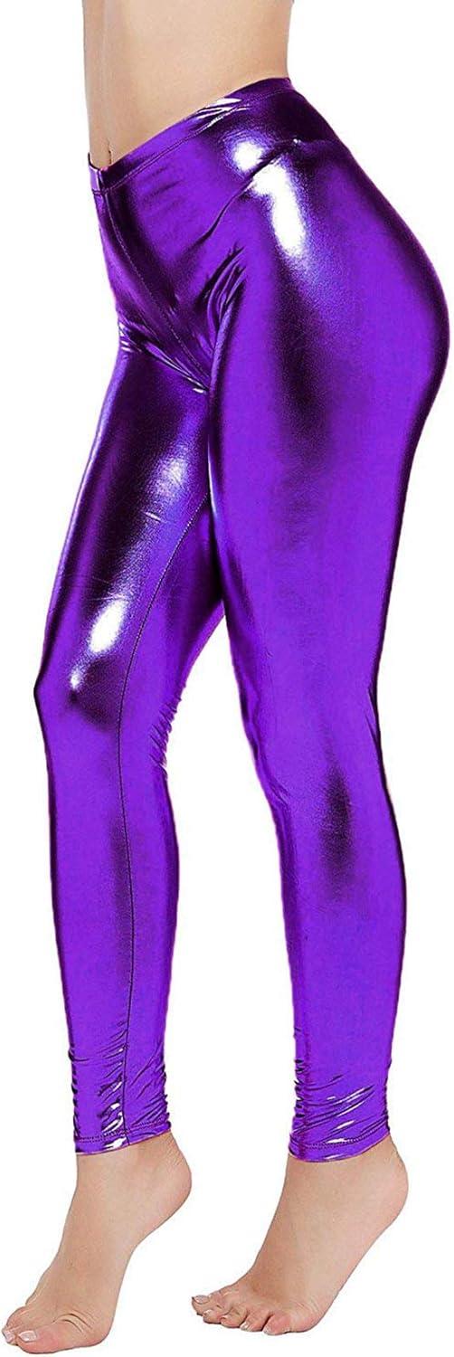 imageLoxdonz Women Wet Look Shiny Metallic Leggings Liquid Waist Stretch PantsPurple