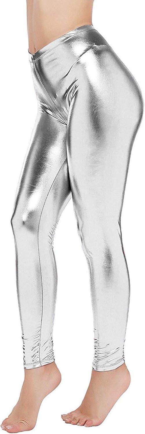 imageLoxdonz Women Wet Look Shiny Metallic Leggings Liquid Waist Stretch PantsSilver